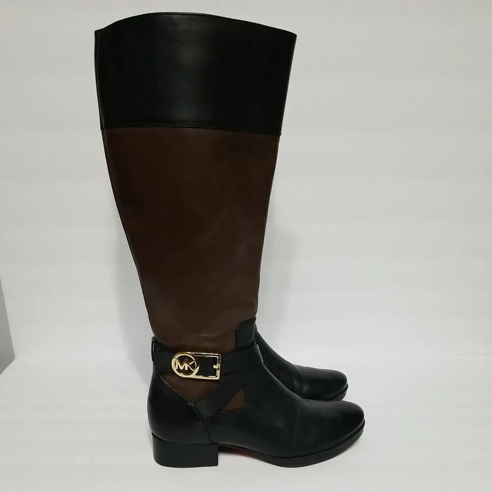 MICHAEL KORS Tall Fulton Black Brown Leather Harness Knee High Boots Women 5.5 M